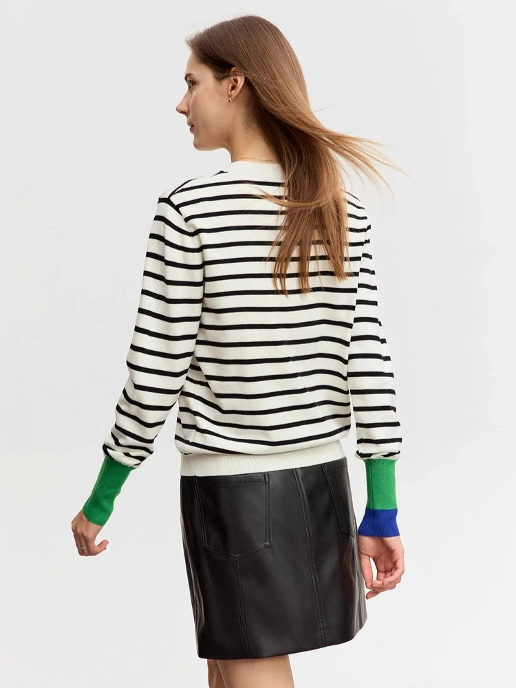 AMII Striped Women's Sweater 2025 Autumn New Round Neck Asymmetrical Sweaters For Women Embroidered Casual Tops Ladies 12423126