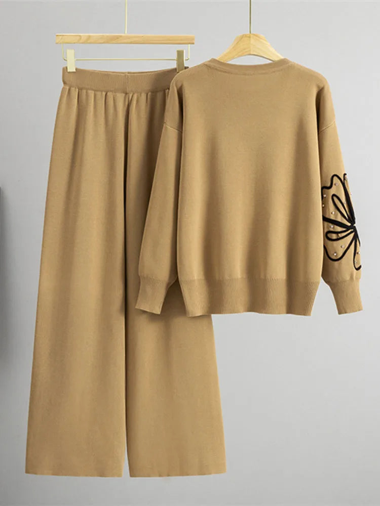 Korean Design Knitted 2 Piece Sets Women Rhinestone New O-neck Sweater Pullover Tops Conjuntos High Waist Straight Pants Outfit