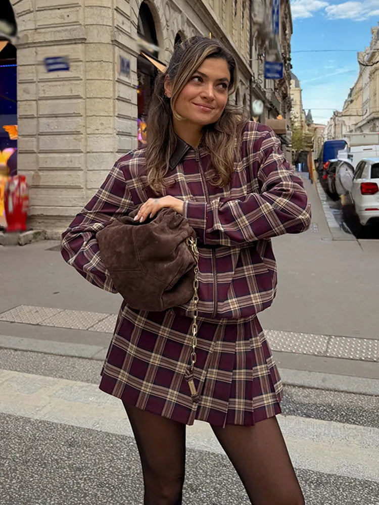 HH Trendy Woman's Pocket Decoration Zipper Long Sleeves Lapel Plaid Bomber Jacket+Wide Fold Mini Culottes Spring 2 Piece Set