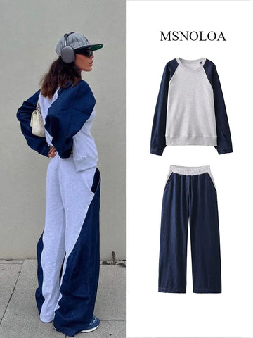Women's Autumn Color Clash Casual Sweatshirt Set Patchwork Color Round Neck Long Sleeve Sweatshirt High Waist Casual Pants