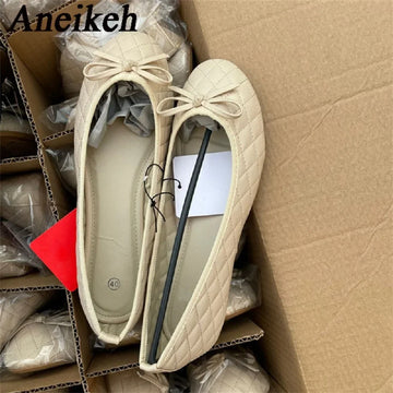 Aneikeh Spring Elegant Bowknot Ballet Flats Women's Flat Round Toe Comfort Slip-On Ladies Loafers Leather Mules Shoes