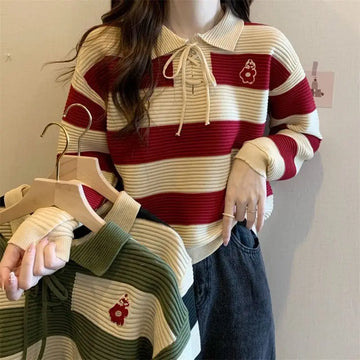 Autumn Winter Fashion All-match Striped Patchwork Sweaters Women Clothing Chic Turn-down Collar Drawstring Pullovers Sweet Tops