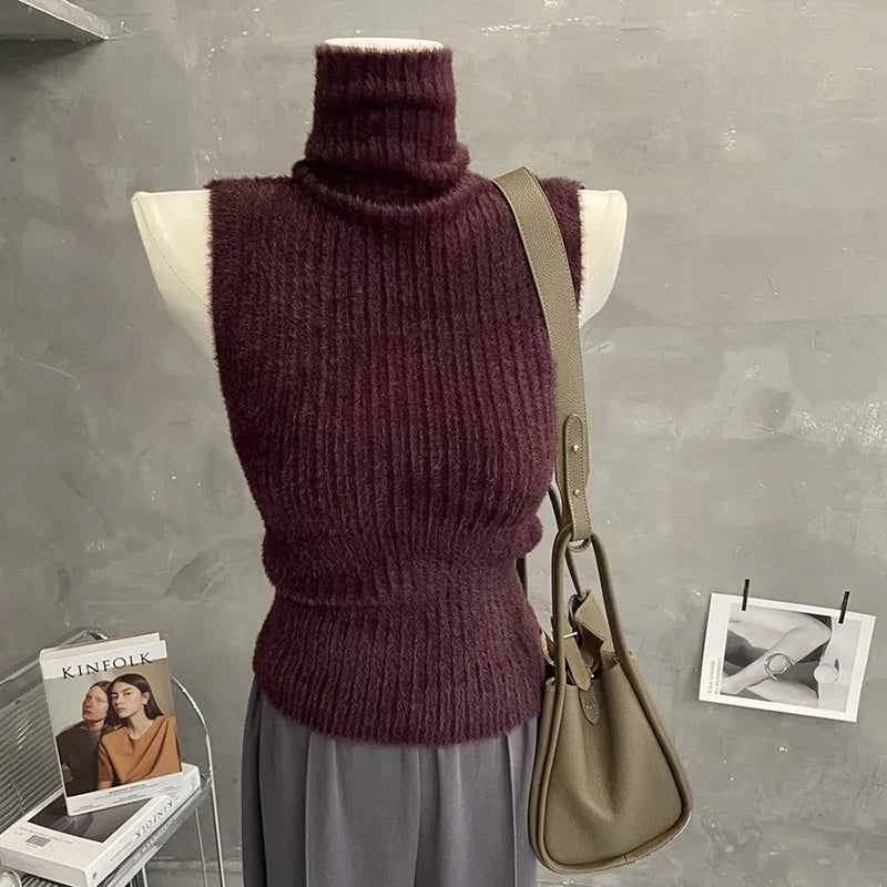 Turtleneck Sweater Vest Women Sleeveless Slim Fit Vintage Bottoming Pullovers Spring Autumn Imitation Mink Velvet Female Jumpers