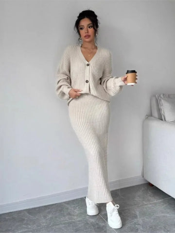 Womens Loose Cardigan Two-piece Set Long Sleeve V-neck Sweater Coat And Package Hip Skirt Autumn Winter Elegant Knitted Suit