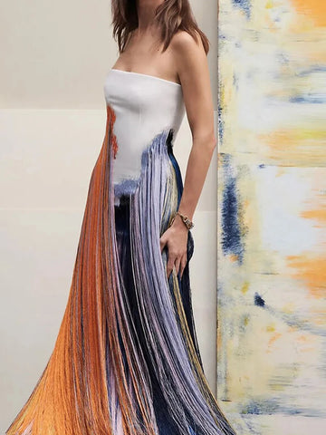 Tassel Print Tube Top Party Long Dress Temperament Lady Sleeveless Backless Straight Dress Leisure High Waist Summer Split Dress