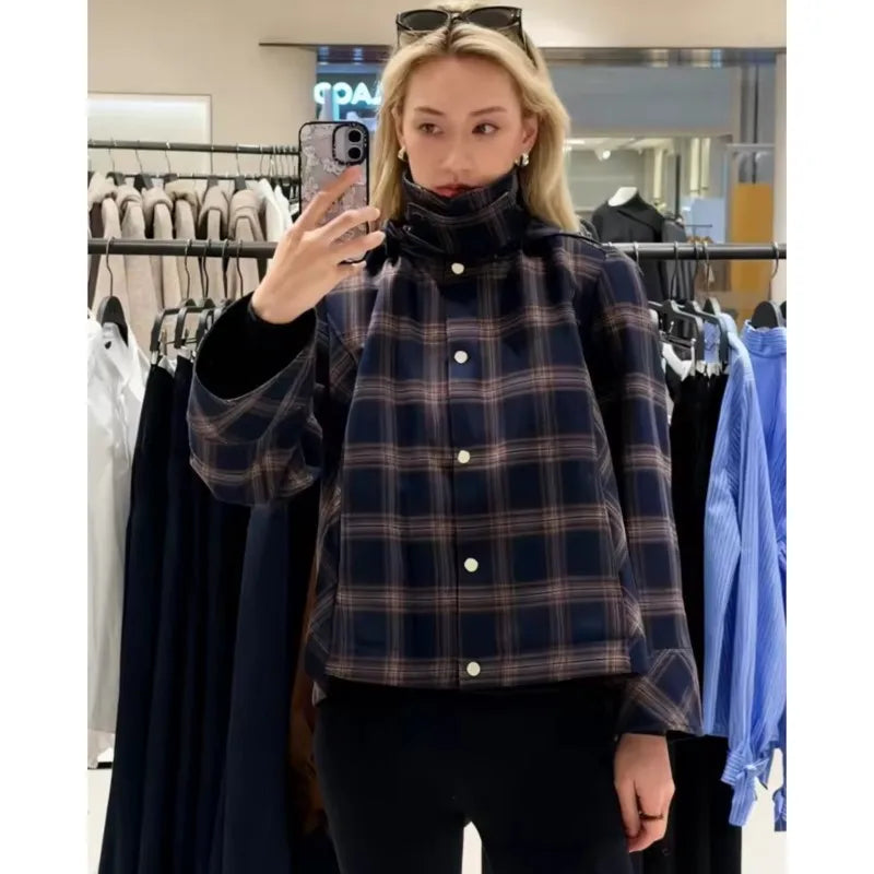 HipSeam Women Plaid Jacket with Hoode Spring Autumn Turn Down Collar Button Women's Jackets Vintage Lady Coats Female Tops