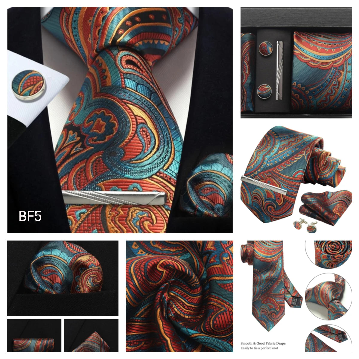 100% Silk Necktie Paisley Floral Mens Tie Top Quality Business Tie Pocket Square Tie Clip Cufflinks Set Classic For Men Gift Box