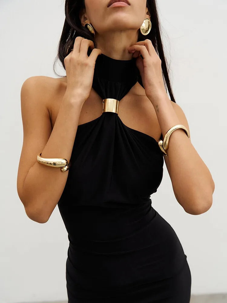 Balitops Gold Ring Turtleneck Maxi Tank Dress Women Summer New Slim Fit Female Dress Sleeveless Back Split Bodycon Long Dress
