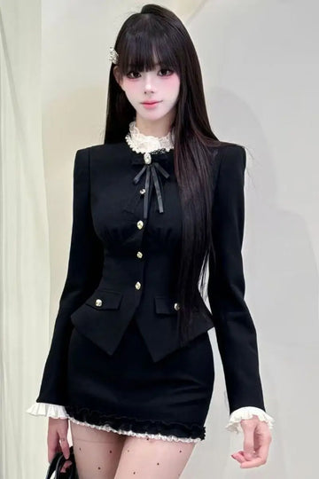 French Vintage Solid Patchwork Two Piece Set Women Elegant Long Sleeves Coat + Mini Skirts Suit Buttons Design Sense Outfit 2025