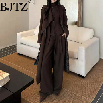 BJTZ 2025 New Winter  Trench Coat Vest Wide Pants 3PC Set Women’s Elegant Minimalist Thermal Lined Luxury Casual Outfit