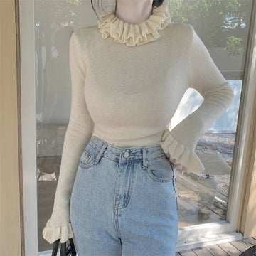 Spring Autumn Half Turtleneck Ruffles Women's Sweater 2025 New Long Sleeve Knitted Casual Bottom Korean Slim Pullover Top Female