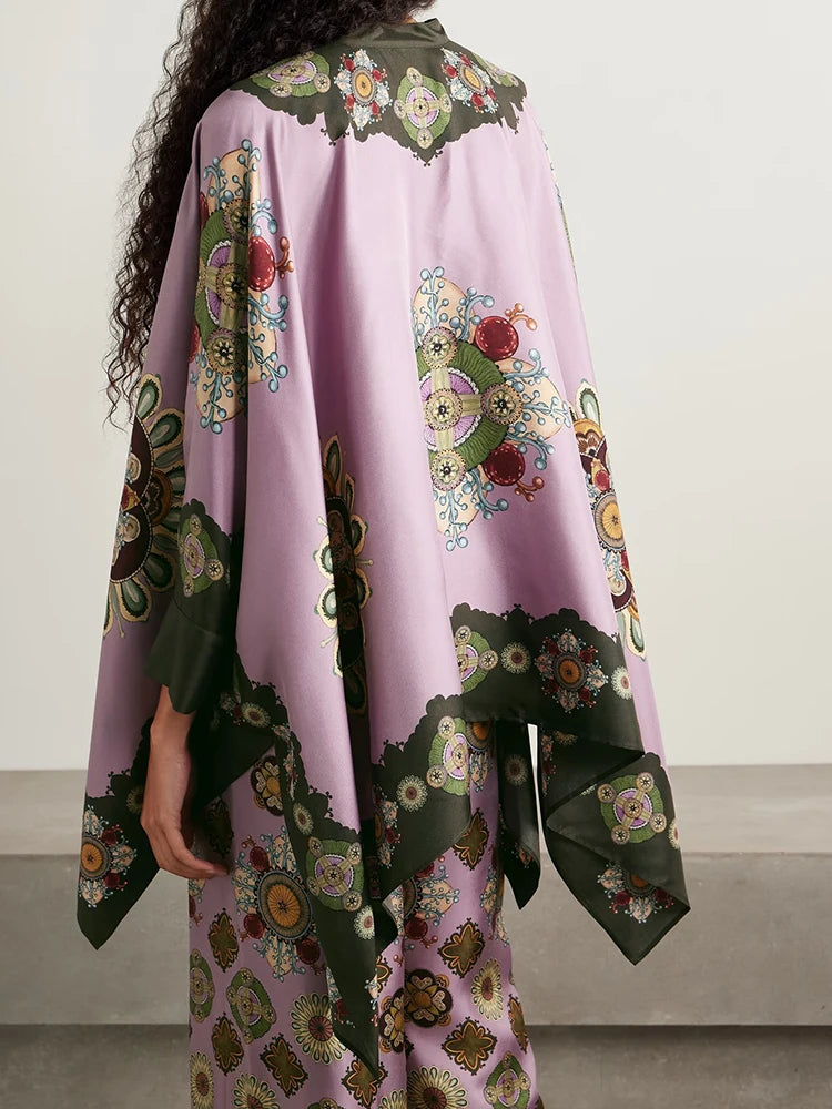 New Chic Turn-Down Collar Half Sleeve Print Holiday Cardigan Top with Wide Leg Pants - Spring Summer Two Piece Ladies Outfit Set