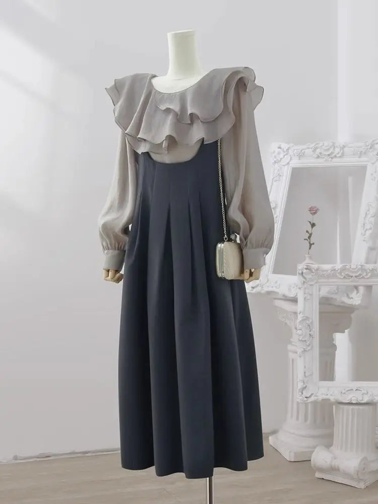 Autumn New French Long Skirt High End Solid Color Strap Skirt Doll Collar Long Sleeve Shirt Temperament Aging Set