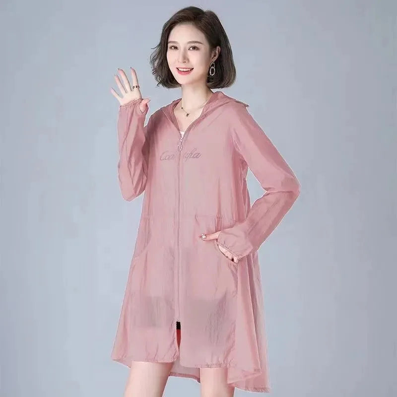Women Hooded Sun Protection Clothing Summer Mid-Length UV Coat Outdoor Sports Long-Sleeve Breathable Sunscreen Windbreaker T937