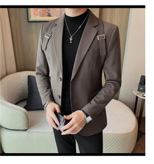 2024 Autumn Winter New Strap Decoration Suit Jacket for Men Fashion Slim Casual Business Blazers Groom Wedding Social Tailcoat