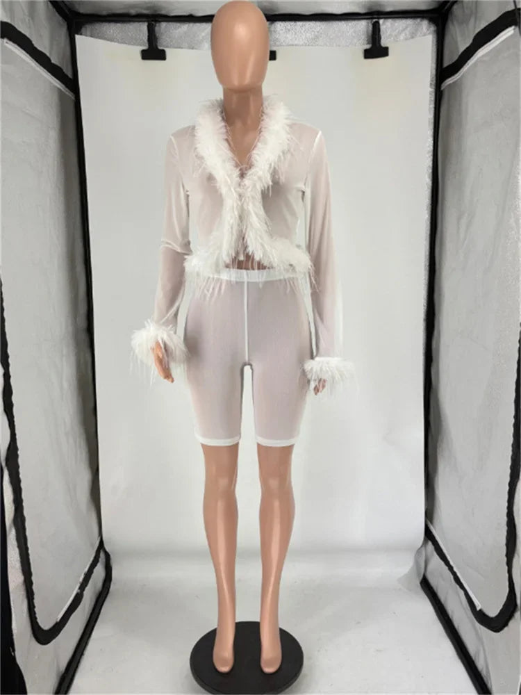 Leosoxs Sexy See Through 2 Piece Set Women Feather Patchwork Full Sleeve Tops++Skinny Shorts Midnight Club Party Trend Suit