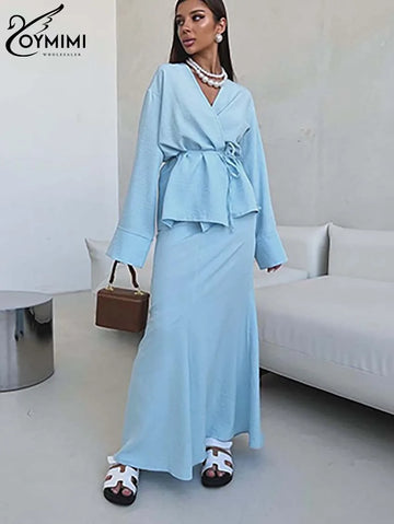 Oymimi Fashion Blue Women's Two Pieces Set Elegant V-Neck Long Sleeve Lace-Up Shirts And Straight Simple Ankle-Length Skirts Set
