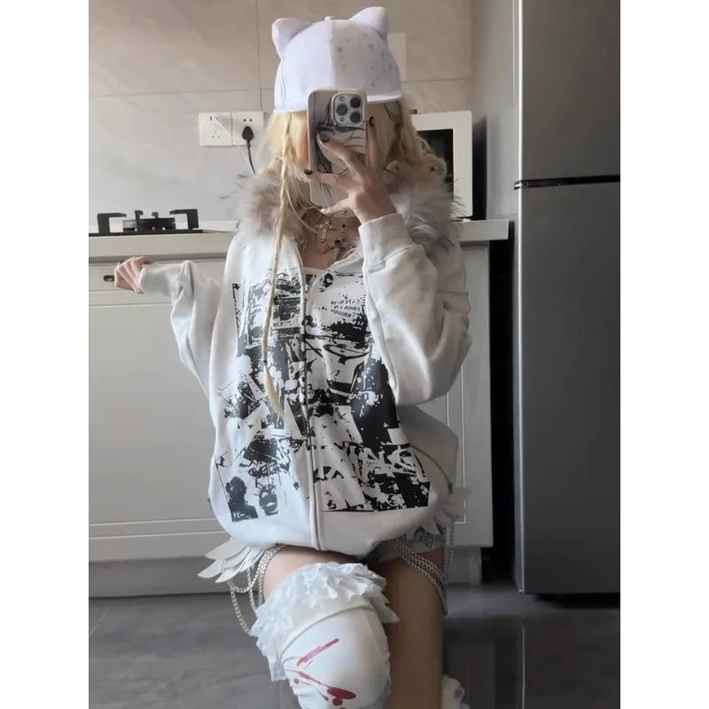 Subculture Casual Y2k Tops Preppy Syle Grey Long Sleeve Zip Up Sweatshirts Coat Chic Casual Japanese Jacket Hoodies 2025 Women