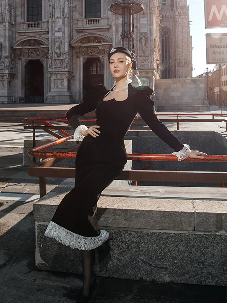 Full Sleeve Lace Patchwork Velvet Maxi Dress Women Elegant Stand Collar Puffed Slim Long  Sexy Gowns Lady Evening Dinner Dresses
