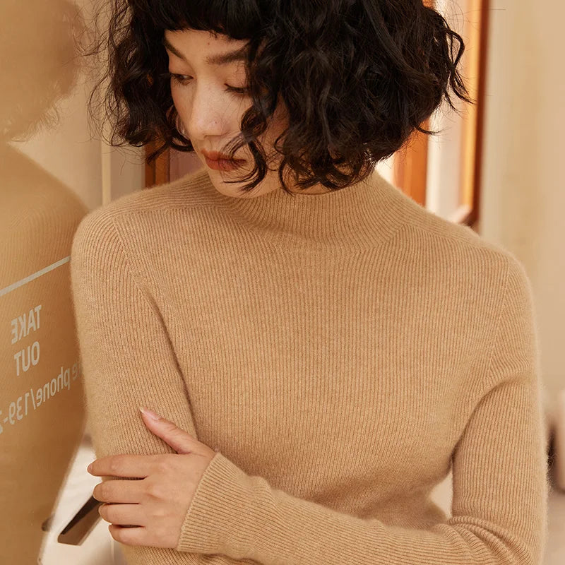 Autumn/Winter New 100% Pure Cashmere Sweater Women's Knitted Half High Neck Pullover Slim Fit Base Style Sweater Versatile Tops
