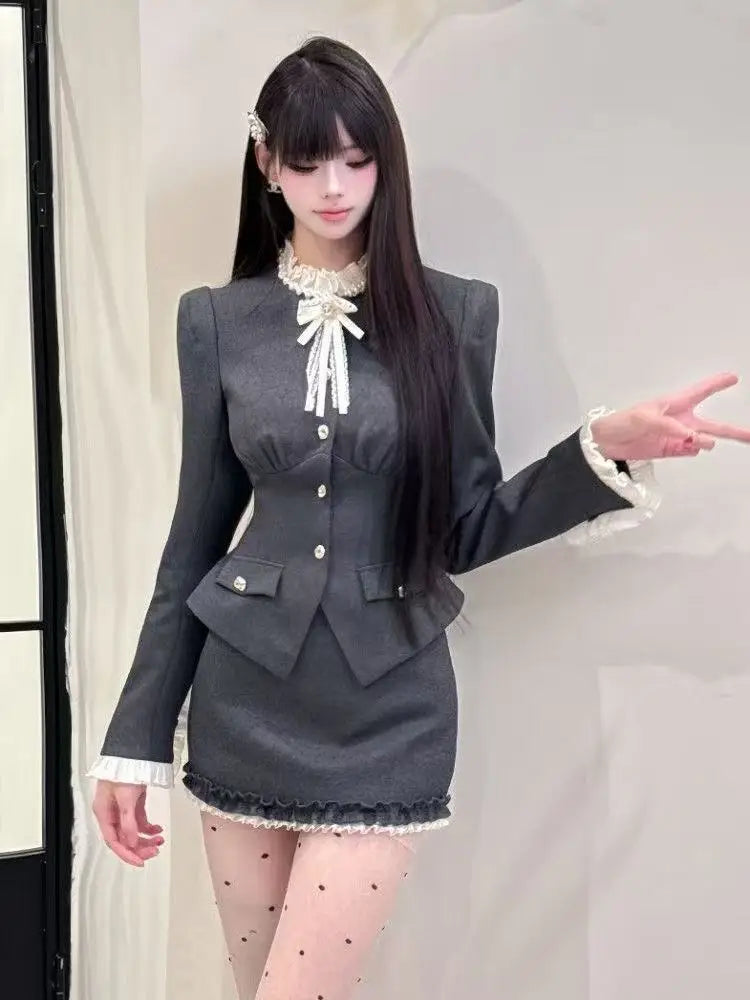 French Vintage Solid Patchwork Two Piece Set Women Elegant Long Sleeves Coat + Mini Skirts Suit Buttons Design Sense Outfit 2025
