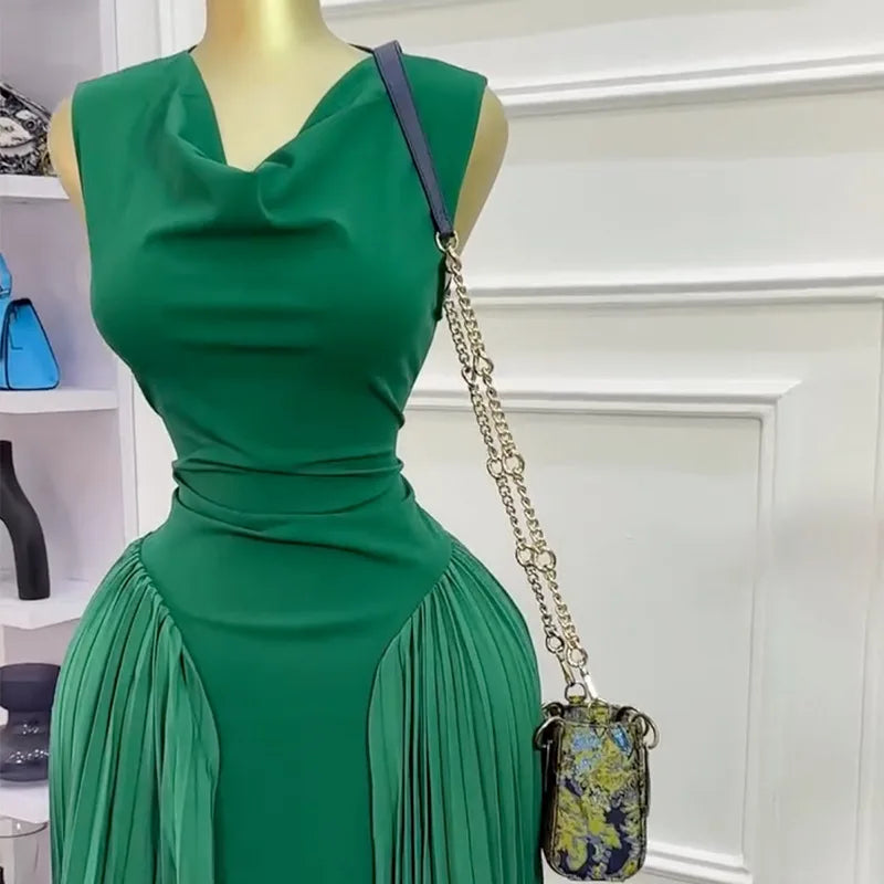 CM.YAYA 2025 Summer Elegant Sleeveless Sweet V-Neck Floor-Length Long Women Dress Beach Party Evening Sexy Pleated Dresses