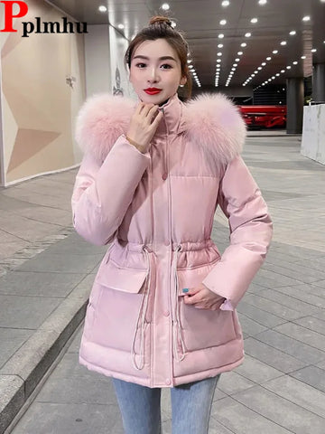 Winter Slim Pink Padded Coat Faux Fur Collar Hooded Parkas Korean Big Size Cotton Jaqueta Waist Drawstring Midi Lenght Jackets