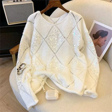 Sequined Knitted Hollow Out Pullover Female Casual Knitted All Match Thin Sweater Oversized Pullovers Tops Women Clothing