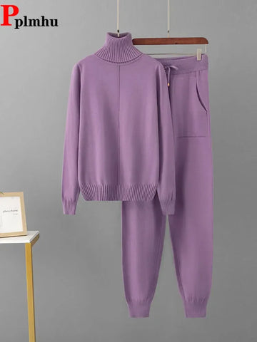 Women Turtleneck Knitwears Sweater Pullover Tops Conjuntos High Waist Casual Harem Pants Outfit Candy Color Knitted 2 Piece Sets
