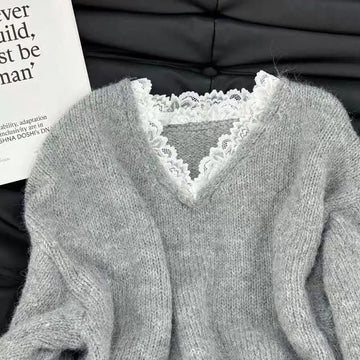 Elegant V-Neck Lace Patchwork Sweaters Women Fashion Office Lady Solid Knitted Pullover Loose-Fit Pullover Soft Knitted Pullover