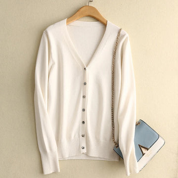 Knitted Sweater Women Cardigans New Long Sleeve V-Neck White Knit Sweater Cardigan Women Tops Knitwears Sueters De Mujer Q1204