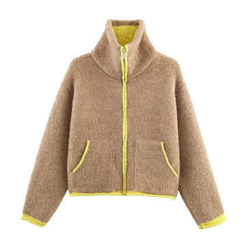 2025 Autumn New Women's Casual Fashion Simple Lazy Style Loose Color Block Layered Knitted Bomber Jacket Short Outerwear