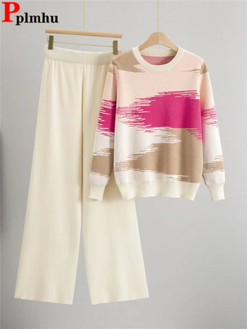 Patchwork Design Knitted 2 Piece Sets Women O-neck Knitwears Sweater Pullover Tops Conjuntos High Waist Straight Pants Outfit
