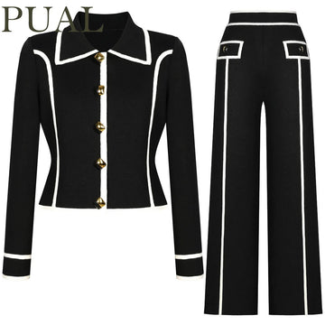 PUAL  Quality And Fashionable New Knitted Patchwork Lapel Button Long Sleeved Cardigan Straight Leg Pants Women's Suit