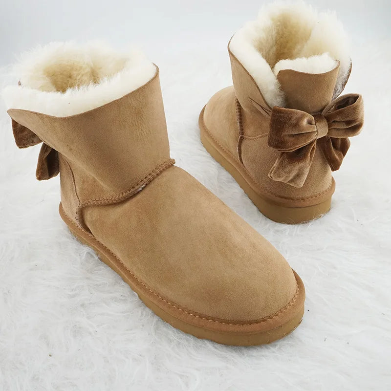 New Classic Velvet Bow 100% Genuine Sheepskin Leather Snow Boots Natural Fur Women Boots Warm Winter Boots Ankle Boots