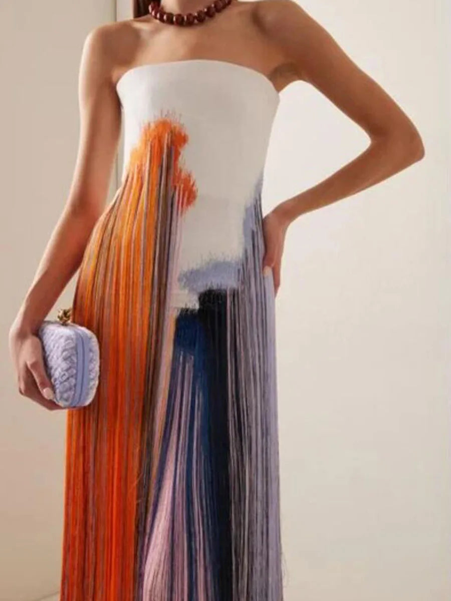 Tassel Print Tube Top Party Long Dress Temperament Lady Sleeveless Backless Straight Dress Leisure High Waist Summer Split Dress