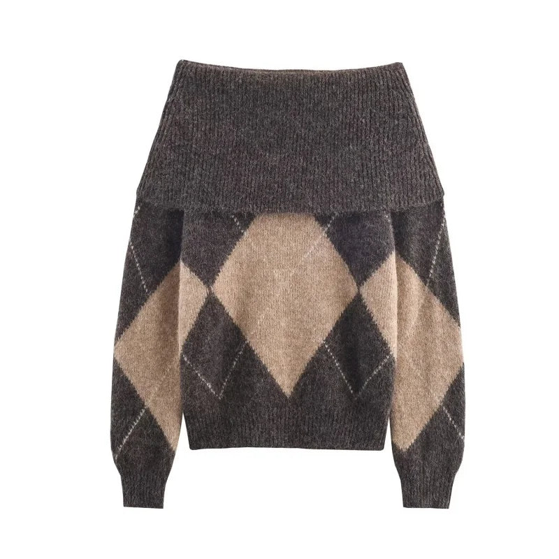 Autumn Argyle Slash Neck Long Sleeve Knitted Top Women Geometric Off Shoulder Vintage Pullover Sweater Female Sexy Wear 2025