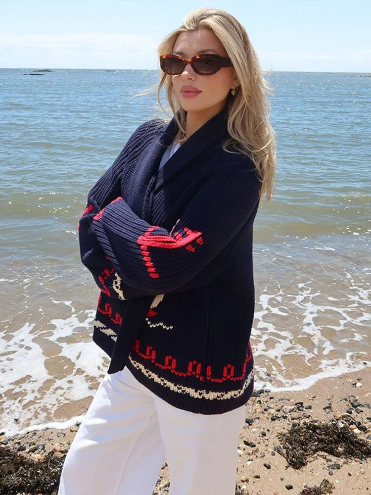 Fashion Sailboat Print Knit Cardigan For Women Casual Lapel Long Sleeve Loose Sweater Lady 2026 Spring Chic Street Outerwear