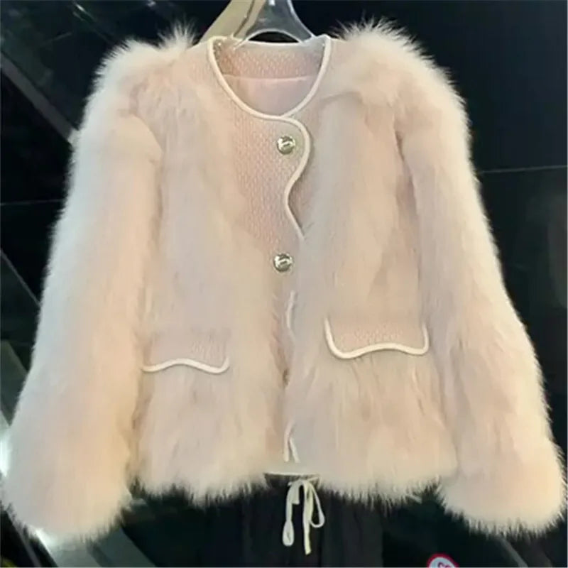 Temperament Imitation Fox Fur Coat Women 2025 Winter New Korean Fashion O-Neck Long Sleeve Fur Jacket Female Loose Outwear T678