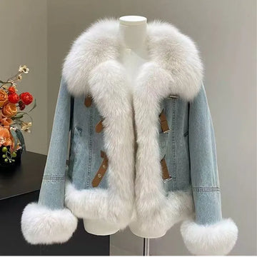 Women Denim Coats Y2k Casual Jackets Squre Collar Long Sleeves Faux Fur Distressed Loose Open Stitch Slight Strech 2026 Autumn