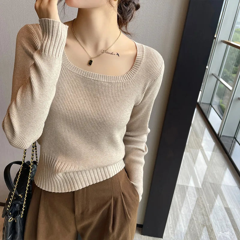 Knitted Sweater Women Pullovers New Long Sleeve O-Neck Black White Knit Sweater Pullover Women Tops Sweaters Women Clothing Q998