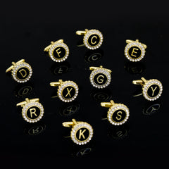 2 Pcs Crystal Around Initial A-Z Cufflinks Alphabet Letter Rhinestone Round Cuff Links For Business Mens Boys Tuxedo Shirts Gift