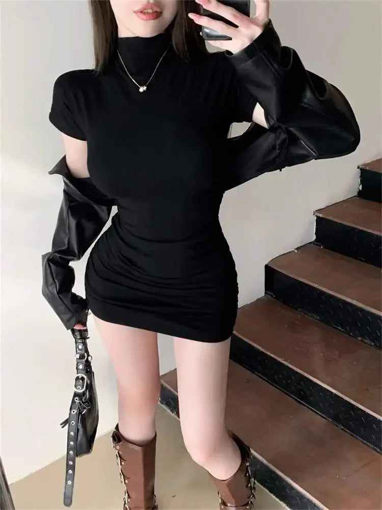 Sexy Tight Half High Collar Pleated Waist Mini Dress Spicy Girls Slim Dresses 2026 Women Vestidos Cortos Party Mujer Clothing