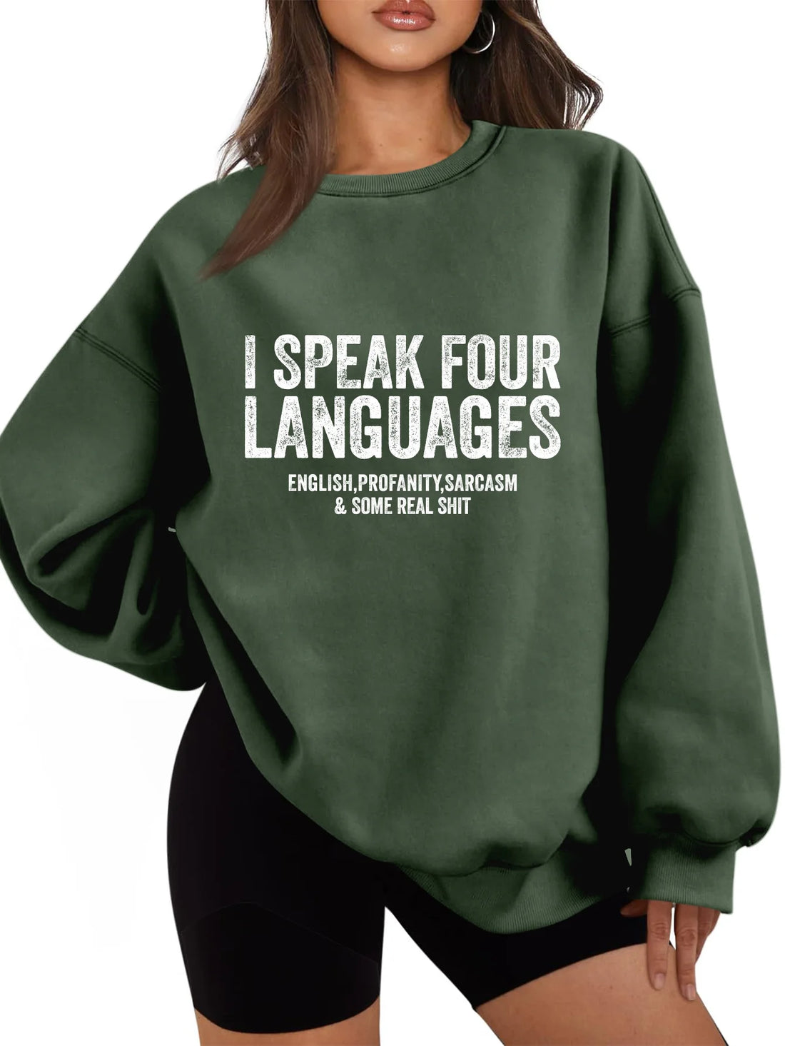 Autumn and winter women's hoodie i speak four languages printed shirt loose round neck long sleeve hoodie with casual pullover t