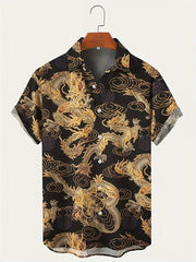 Men's Summer Fashion Dragon Print Short Sleeve Button Down Shirt S-3XL Plus Size Chinese Dragon Style Streetwear Overshirt Tops