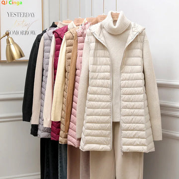 Winter New Arrival Women's Sleeveless Hooded Down Jacket Commuter-Style Fashionable Warm Long Coat Available in Beige,Red,Black.
