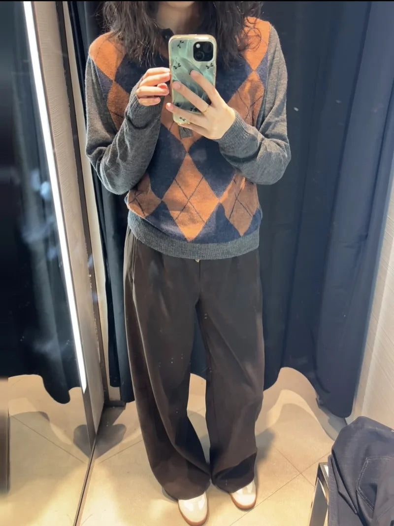 ETJ 2025 autumn new fashion women's wear diamond check stitching long-sleeved polo neck thin knit sweater