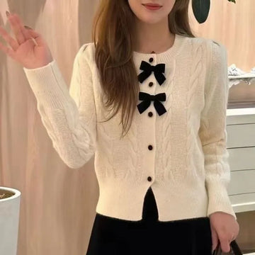 Women's Clothing O-Neck Solid Color Button Lantern Long Sleeve Screw Thread Cardigan Bow Sweater Knitted Flattering Chic Tops