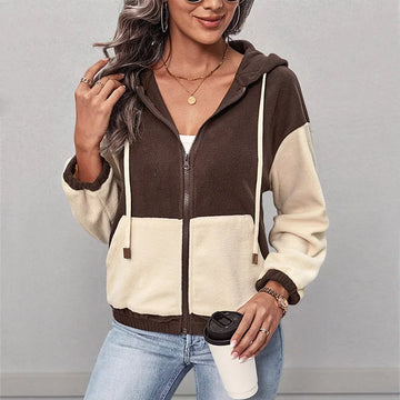 Plus Size 2025 Autumn Winter Women's Zipper Hooded Patchwork Fleece Jacket Casual Comfortable Polyester Long Sleeve Coat Hood...