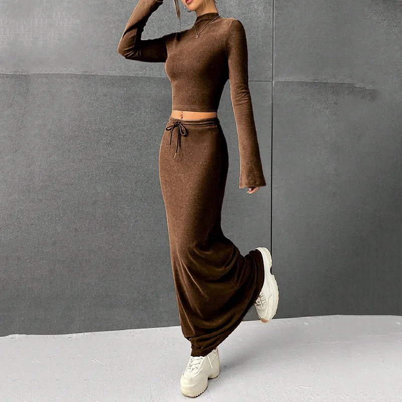 Elegant Slim Long Skirt Sets Women Fashion Half-High Collar Long Sleeve Top+Skirts Outfit Crop Tops Bodycon Skirt Two-Piece Suit